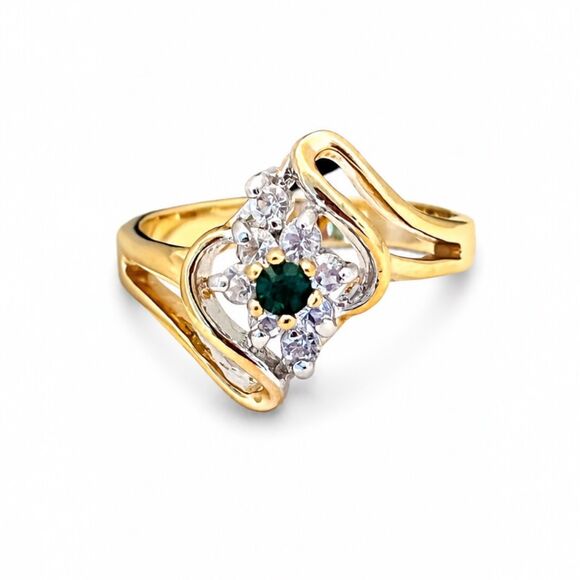 Vintage Jewelry - Vintage 1960s Ring Size 8 Mid Century Green Crystal CZ Gold Plate - 14A